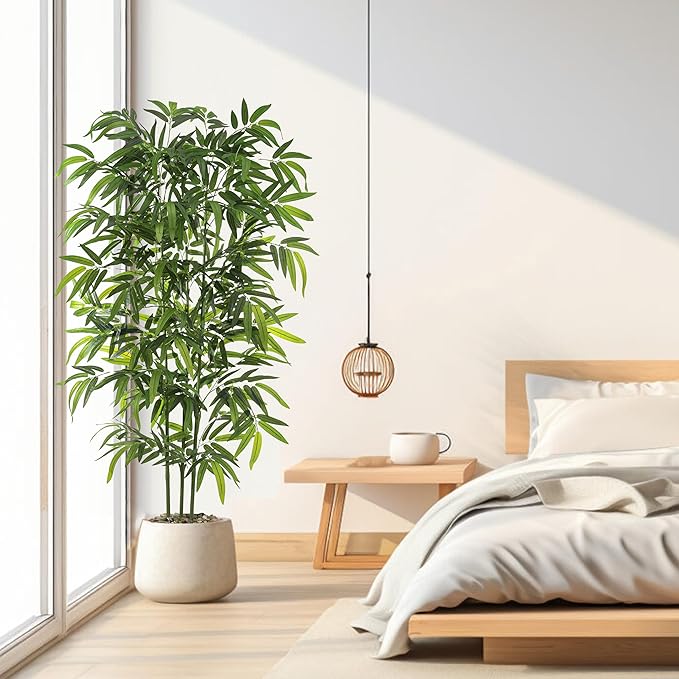 TXABL Artificial Tree Fake Plants, Artificial Bamboo Tree 5FT Tall in Black Potted, Artificial Tree Indoor Decor Bamboo Silk Tree with Natural Wood Trunk, for Home Office Living Room Modern