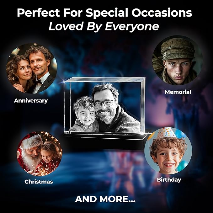 3D innovation Premium 3D Crystal Photo with LED Light Base, Personalized Memorial Gifts for Mom, Dad, Wife, Men, Pets, Rectangle Laser Etched Crystal, Sympathy Gifts for Loss of Loved One