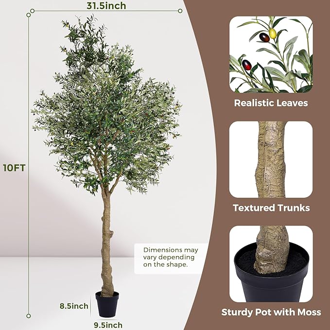 Jocoevol Artificial Olive Tree 10FT, Indoor Fake Silk Plant with Realistic Trunk, Leaves, Fruits and White Planter, Faux Potted Tree for Home Decor and Housewarming Gift, 1 Pack