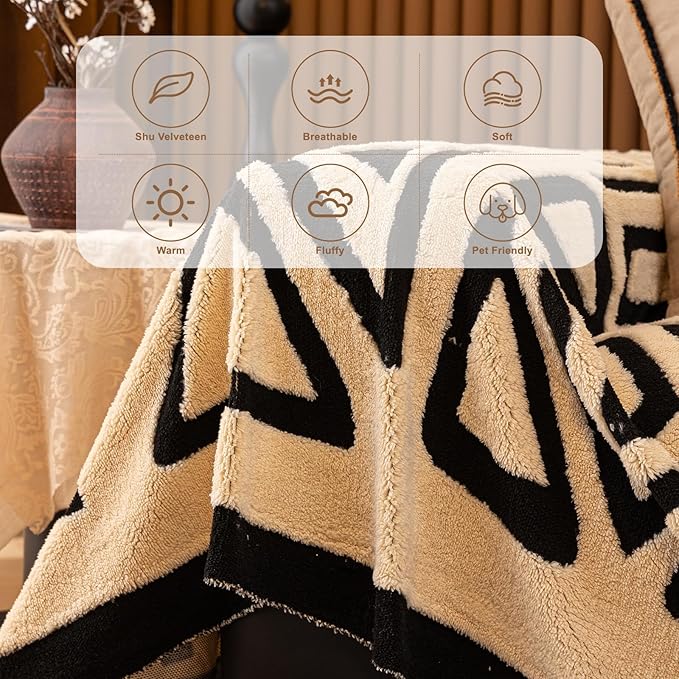 HANDONTIME Boho Sofa Covers for Dogs Black and White Couch Sofa Covers for 3 Cushion Couches Sofa Beige Shu Velveteen Couch Covers for Sectional l Shaped Short Plush Furniture Covers 71" X134"