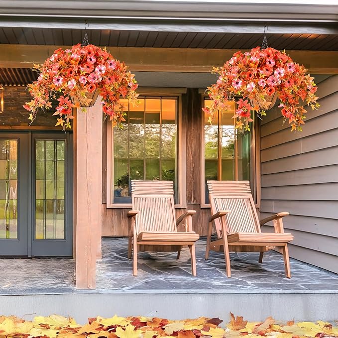 ZFProcess Artificial Flowers Hanging Basket Plants, Fake Petunias Fall Flower for Outdoor Decoration,Realistc Faux Silk Flower UV Resistant for Porch Patio Yard Garden Home Balcony (Double Orange)