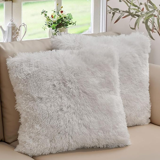 Cheer Collection Throw Pillows for Couch and Bed, Soft Shaggy Throw Pillows with Inserts Included, Cozy Long Hair Faux Fur Pillows - Set of 2-18" x 18" - White