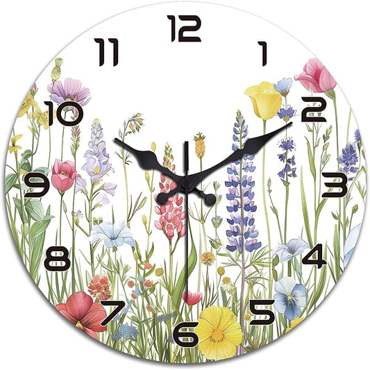 peacoblue Wall Clocks Battery Operated 12 Inch Wildflowers Glass Round Wall Clock Non Ticking for Kitchen Living Room Dining Room Bedroom and Bathroom Decor Accessories (Battery not Included)
