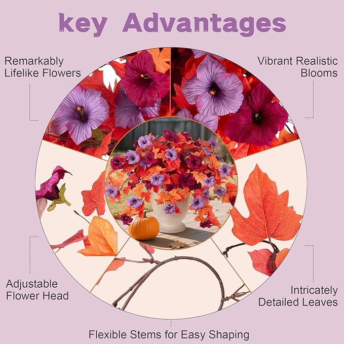 VGNQA Fake Fall Flowers for Outdoor Decor 2 Pcs Artificial Flowers Fake Faux Silk Petunias Fall Plants, UV Resistant Flower for Garden Porch Patio Balcony Thankgiving Decoration (Burgundy Purple)