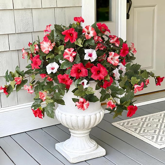 VGNQA 2PCS Artificial Petunia Flowers for Outdoors, Fake Flowers for Outdoor Planters UV Resistant Faux Silk Petunias for Garden Porch Yard Balcony Patio Realistic Home Kitchen Decor(Red Pink White)