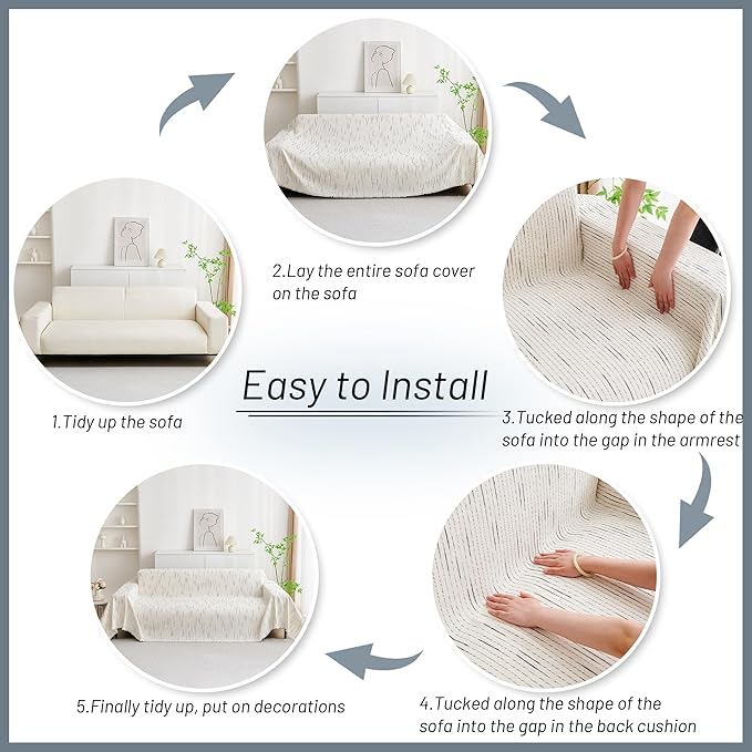 MYSKY HOME Couch Cover for Dogs, Sectional Couch Cover, Beige Lines Sofa Covers for Sectional Sofa L Shape Chenille Couch Protector for Dogs Pets Couch Covers Washable Soft Throw, 71" X118"