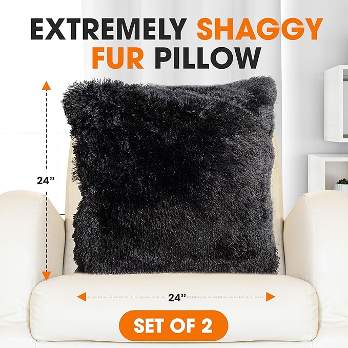 Cheer Collection Throw Pillows for Couch and Bed, Soft Shaggy Throw Pillows with Inserts Included, Cozy Long Hair Faux Fur Pillows - Set of 2-24" x 24" Black