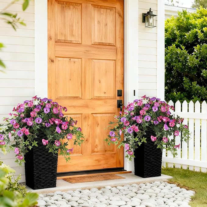 Artificial Fake Flowers Plants for Outdoors Spring Decoration, 2Pcs Faux Petunias with Greenery UV Resistant No Fade, Realistic Silk Flower for Outside Patio Planters Porch Window(Purple Fuchsia)