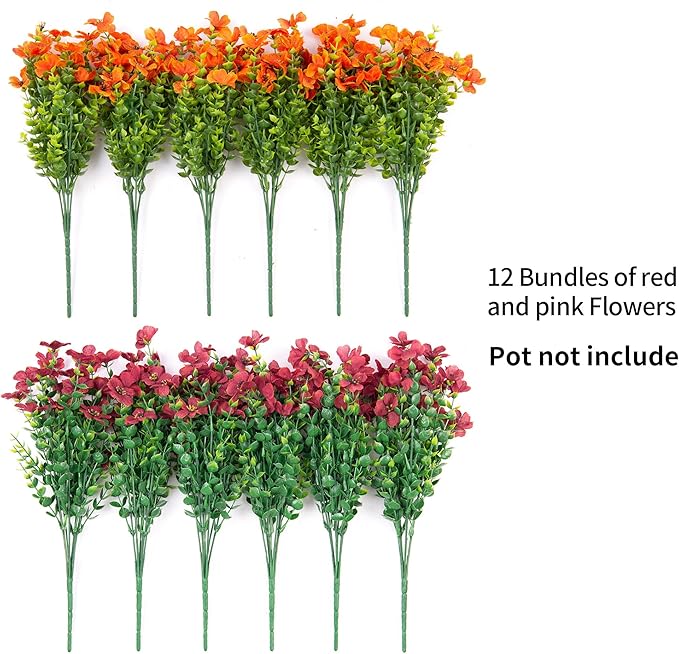 Fall Mums Artificial Flowers for Outdoors Potted, 12 Bundles Fake Fall Daisy Flower with Realistic Eucalyptus Leaves, Fake Plants for Greenery Boxwood Porch Patio Garden Pot Courtyard(Orange Brown)