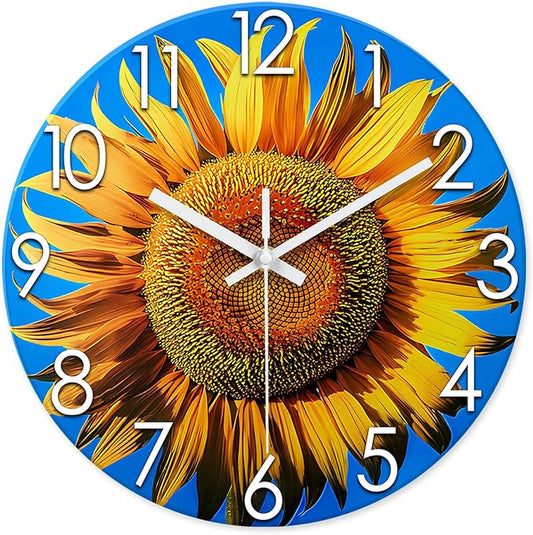 XFM Sunflower Kitchen Decor 14 Inch Silent Wall Clocks Battery Operated Yellow Floral Round Clock Decorative for Living Room Bedroom Decor