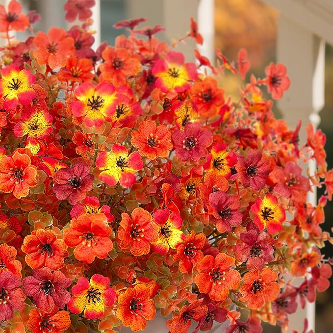 Ammyoo Fall Mums Artificial Flowers for Outdoors Potted, Fake Fall Daisy Flower with Realistic Eucalyptus Leaves, Fake Plants for Greenery Boxwood Porch Patio Garden Pot Courtyard Lawn, 12 Bundles