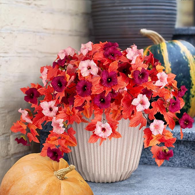 VGNQA 2Pcs Fake Fall Flowers for Outdoor Decoration Artificial Fake Silk Flowers Faux Fall Plants, Uv Resistant Autumn Flower for Garden Porch Balcony Realistic Thanksgiving Decor (Burgundy Pink)