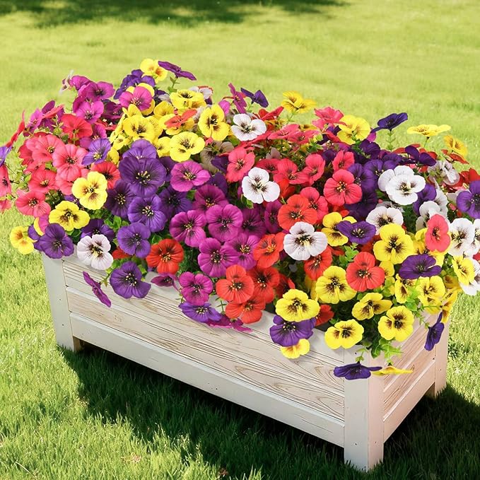 Artificial Fake Pansy Flowers for Outdoor Spring Decor, 12 Bundles Realistic Silk Pansies with Eucalyptus Stem Faux Plants UV Resistant for Outside Planters Patio Garden Window Cemetery (6 Colors)