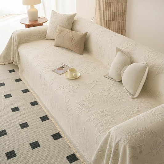 HANDONTIME Washable Couch Covers for Sofa Boho Couch Covers for 3 Cushion Sofa Pet Friendly Beige Chenille Jacquard Couch Protector for Dogs Plant Branch Sectional Cover Sofa Slipcovers, 71" X 118"