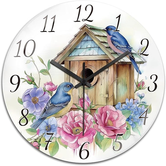 peacoblue Wall Clocks Battery Operated 12 Inch Flowers and Birds Glass Round Wall Clock Non Ticking for Kitchen Living Room Dining Room Bedroom and Bathroom Decor Accessories (Battery not Included)