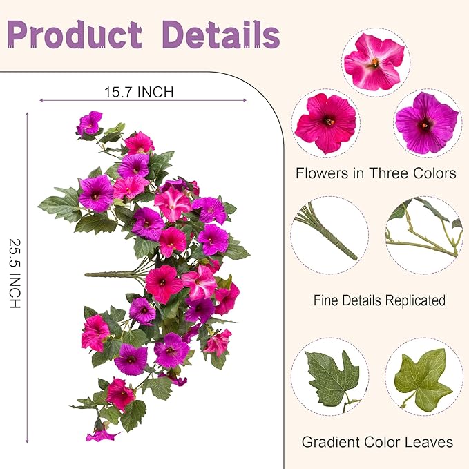 VGNQA Artificial Fake Flowers for Outdoor Spring Decoration, 2PCS Faux Silk Petunias No Fade UV Resistant Flowers for Outside Garden Porch Yard Balcony Patio Realistic Indoor Decor(Fuchsia)