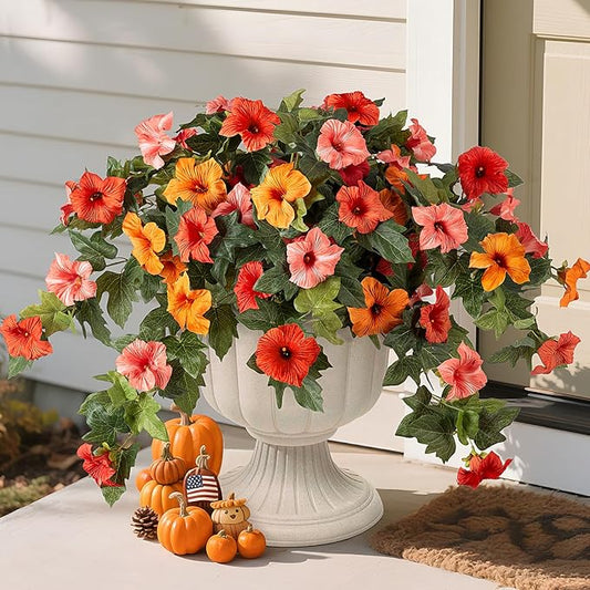 VGNQA Artificial Fake Flowers for Outdoor Spring Decoration, 2PCS Faux Silk Petunias No Fade UV Resistant Flowers for Outside Garden Porch Yard Balcony Patio Realistic Indoor Decor(Orange)