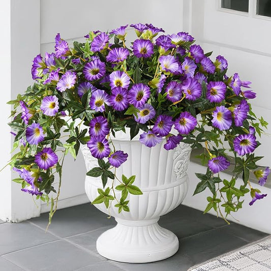 Artificial Fake Flowers Plants for Outdoors Spring Decoration, 2Pcs Faux Petunias with Greenery UV Resistant No Fade, Realistic Silk Flower for Outside Patio Planters Front Porch Window (Purple)