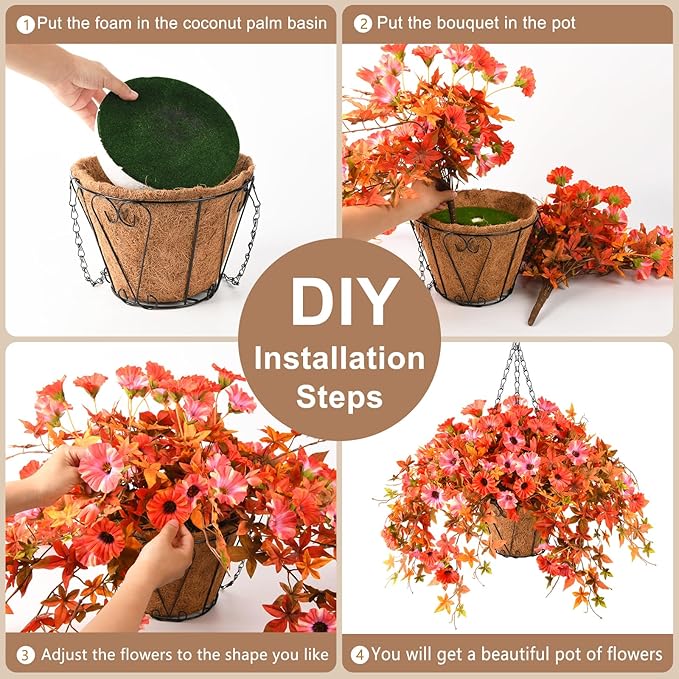 ZFProcess Artificial Flowers Hanging Basket Plants, Fake Petunias Fall Flower for Outdoor Decoration,Realistc Faux Silk Flower UV Resistant for Porch Patio Yard Garden Home Balcony (Double Orange)