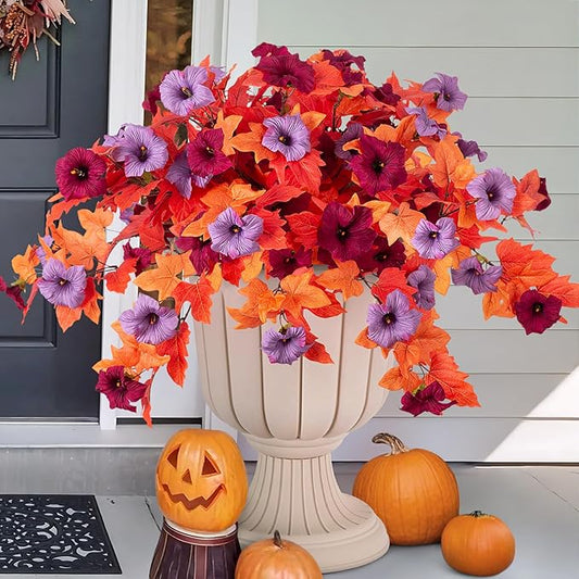 VGNQA Fake Fall Flowers for Outdoor Decor 2 Pcs Artificial Flowers Fake Faux Silk Petunias Fall Plants, UV Resistant Flower for Garden Porch Patio Balcony Thankgiving Decoration (Burgundy Purple)