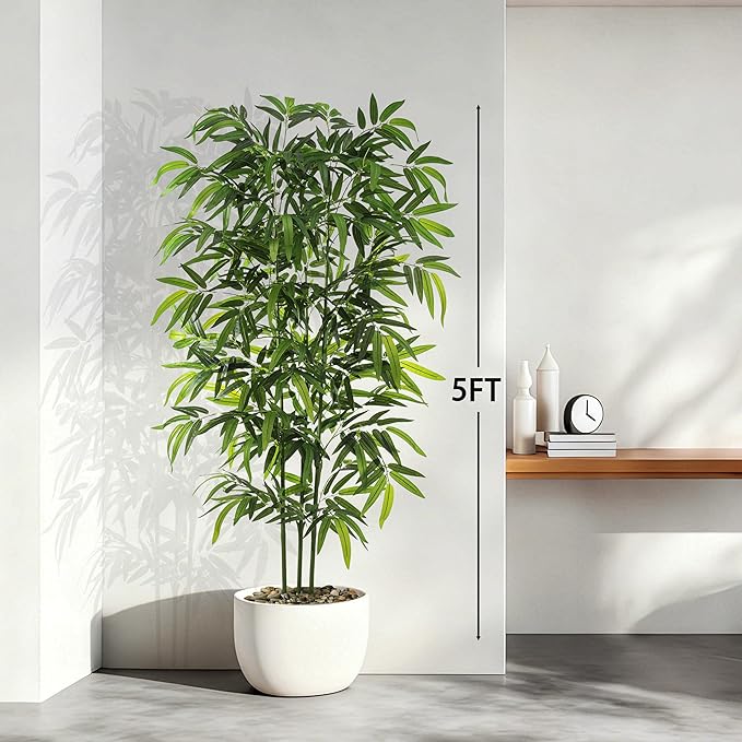 TXABL Artificial Tree Fake Plants, Artificial Bamboo Tree 5FT Tall in Black Potted, Artificial Tree Indoor Decor Bamboo Silk Tree with Natural Wood Trunk, for Home Office Living Room Modern