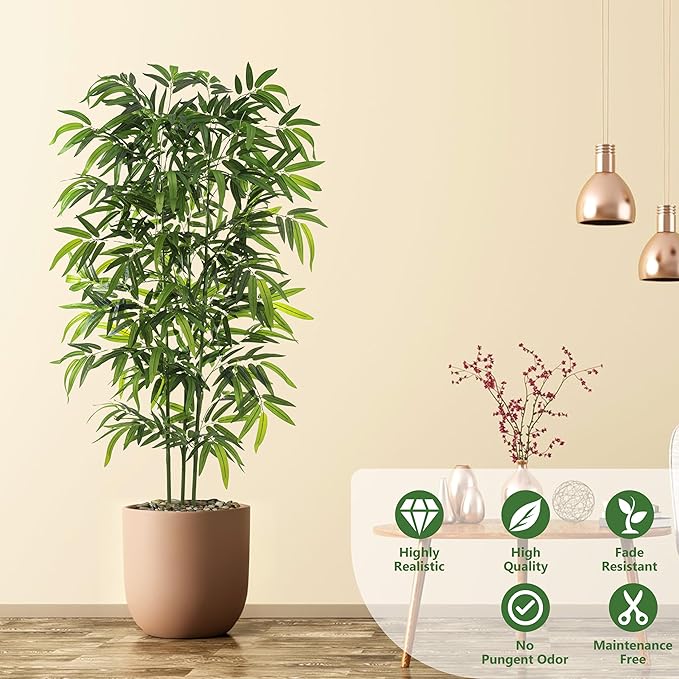 TXABL Artificial Tree Fake Plants, Artificial Bamboo Tree 5FT Tall in Black Potted, Artificial Tree Indoor Decor Bamboo Silk Tree with Natural Wood Trunk, for Home Office Living Room Modern