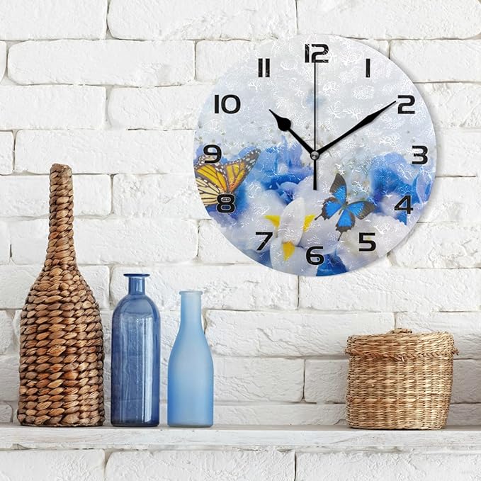 Qilmy Blue Butterfly Wall Clock Silent Non Ticking Oil Painting Round Wall Clock for Living Room Kitchen Bedroom Dining Room