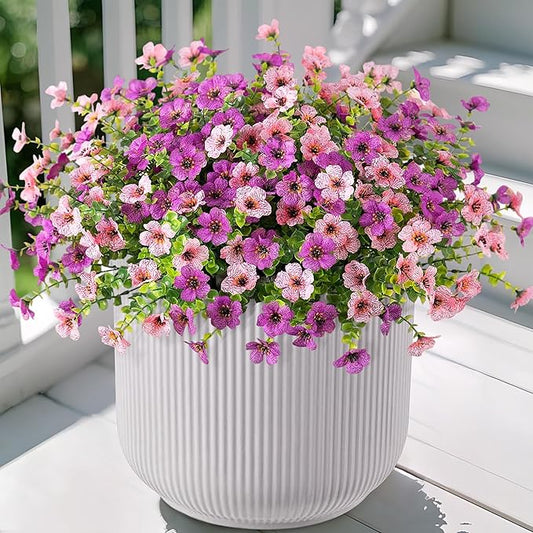 Ammyoo Artificial Fake Plants Flowers for Outdoor Spring Decor, 12 Bundles Faux Silk Mums for Planter Pot Colorful UV Resistant Look Real for Front Door Porch Patio Outside Yard(Purple Pink)