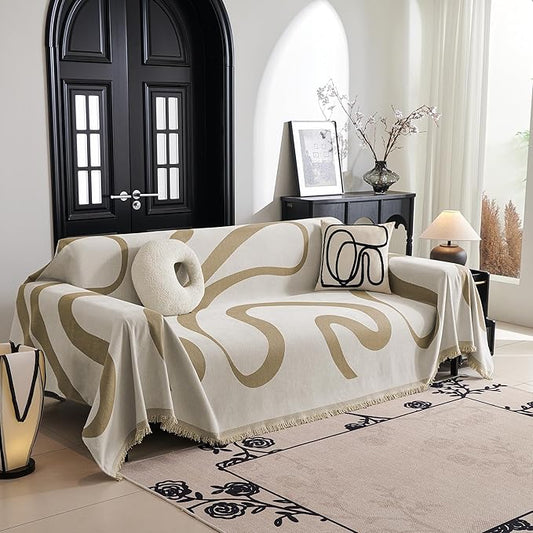 MYSKY HOME Couch Cover for 3 Cushion Couch Sofa Cover, Super Soft Boho Couch Covers for Dogs Washable, Jacquard Sofa Slipcover Furniture Protector for Living Room, 91" x 150", Khaki Curve