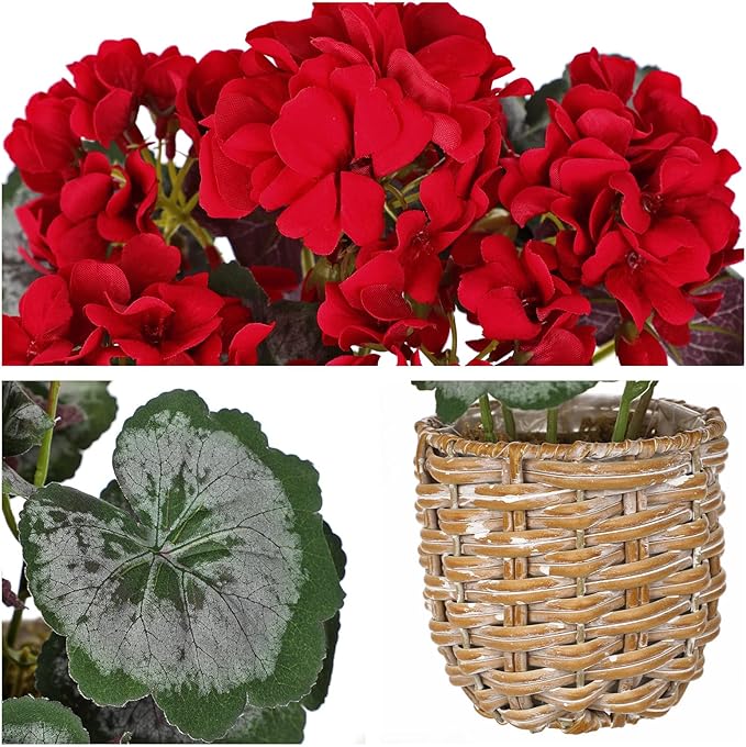 Briful Artificial Red Geranium Flowers in Woven Basket, 11’’ Tall Silk Flower Arrangement, Realistic Geraniums Artificial Outdoor Plants for Home Indoor Farmhouse Table Wedding Centerpiece Decor