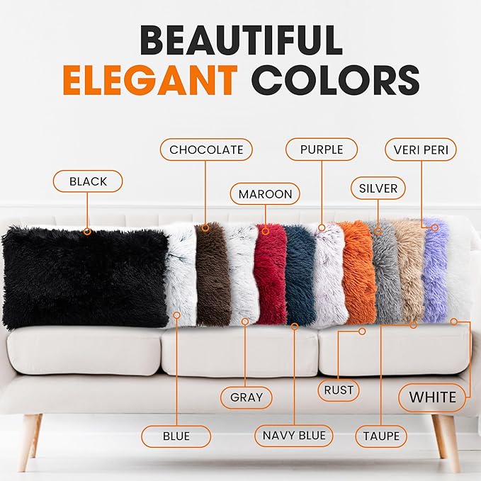 Cheer Collection Throw Pillows for Couch and Bed, Soft Shaggy Throw Pillows with Inserts Included, Cozy Long Hair Faux Fur Pillows - Set of 2-12" x 20" - White
