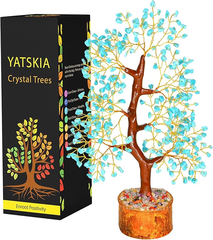 YATSKIA Turquoise Crystal Bonsai Tree Sculpture, Handmade 7 Chakra Healing Pendant Necklaces, Home Decor, Tabletop Display, 8x8x25cm, 1-2lbs