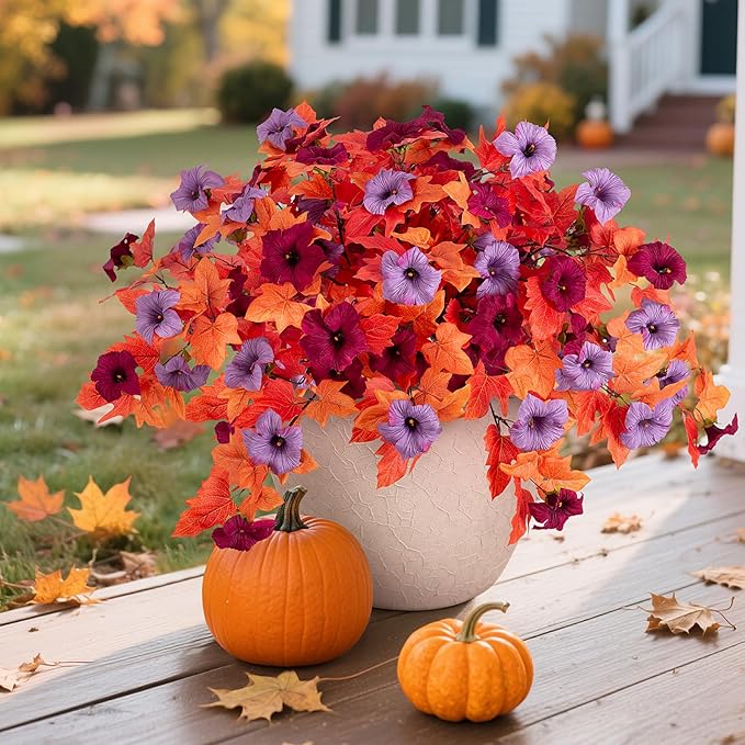 VGNQA Fake Fall Flowers for Outdoor Decor 2 Pcs Artificial Flowers Fake Faux Silk Petunias Fall Plants, UV Resistant Flower for Garden Porch Patio Balcony Thankgiving Decoration (Burgundy Purple)