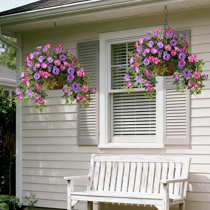 Artificial Fake Flowers Plants for Outdoors Spring Decoration, 2Pcs Faux Petunias with Greenery UV Resistant No Fade, Realistic Silk Flower for Outside Patio Planters Porch Window(Purple Fuchsia)