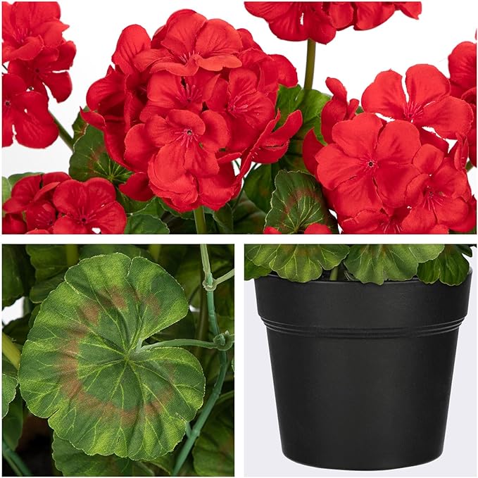 Briful Artificial Geranium Potted Plant – 16” Tall, Realistic Silk Flowers with Vibrant Green Leaves, Red Geraniums Fake Flowers for Outdoors Valentine's Day Home Décor, Farmhouse Office Tables Decor