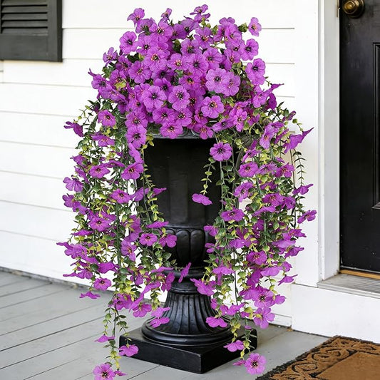 AmberFun 2PCS Artificial Flowers for Outdoors, UV Resistant Fake Silk Flowers for Outside, Realistic Faux Plants for Hanging Baskets, Planters - Porch, Patio, Garden Décor (Purple)