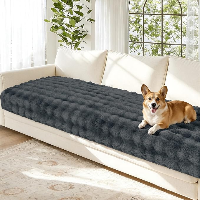 Arfntevss Couch Cover for Dogs Plush Washable Sofa Covers for 3 Cushion Couch Pet Friendly Fuzzy Faux Fur Sofa Slipcovers 3 Seat Anti-Slip Sectional Furniture Protector (Velvety Gray, 35.5" x 83")