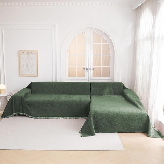 MYSKY HOME Couch Cover for Dogs, Washable Couch Covers, Non Slip Couch Sofa Cover, Couch Cover 2 Cushion Sofa Dogs Furniture Protector with Tassels Chenille Sofa Covers for Pets, 71"x118", Moss Green