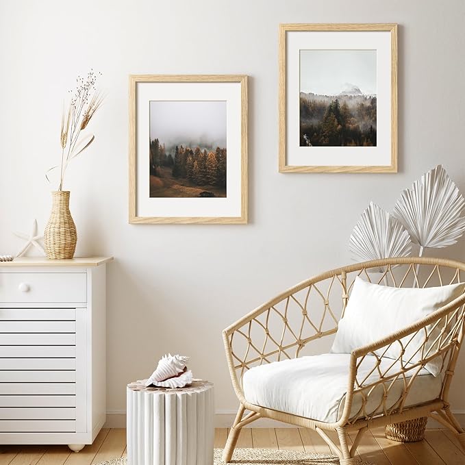 Yaetm 11x14 Oak Wood Picture Frame with Mat for 8x10, Natural Solid Wood 11x14 Frame with Tempered Glass for Wall Gallery & Home (Single, Oak)