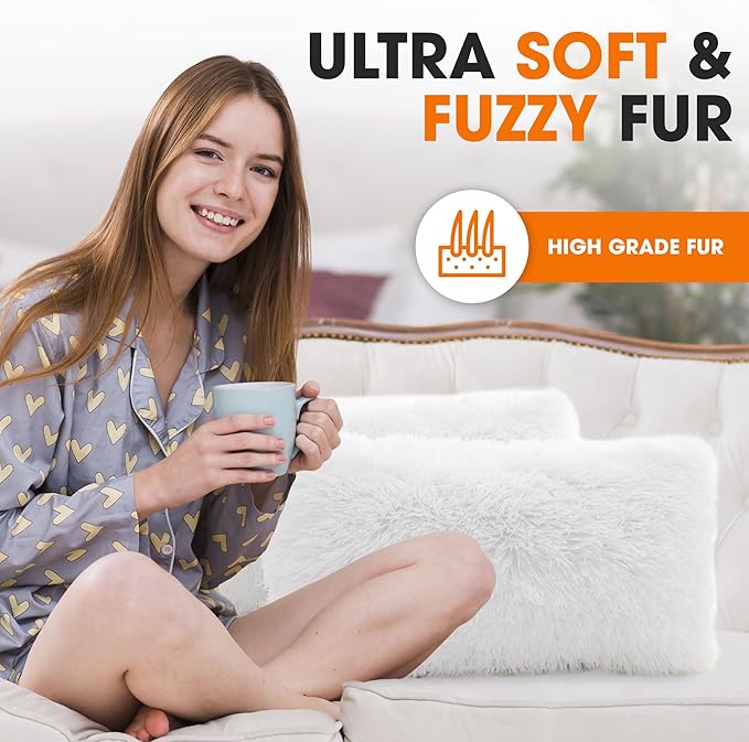 Cheer Collection Throw Pillows for Couch and Bed, Soft Shaggy Throw Pillows with Inserts Included, Cozy Long Hair Faux Fur Pillows - Set of 2-12" x 20" - White