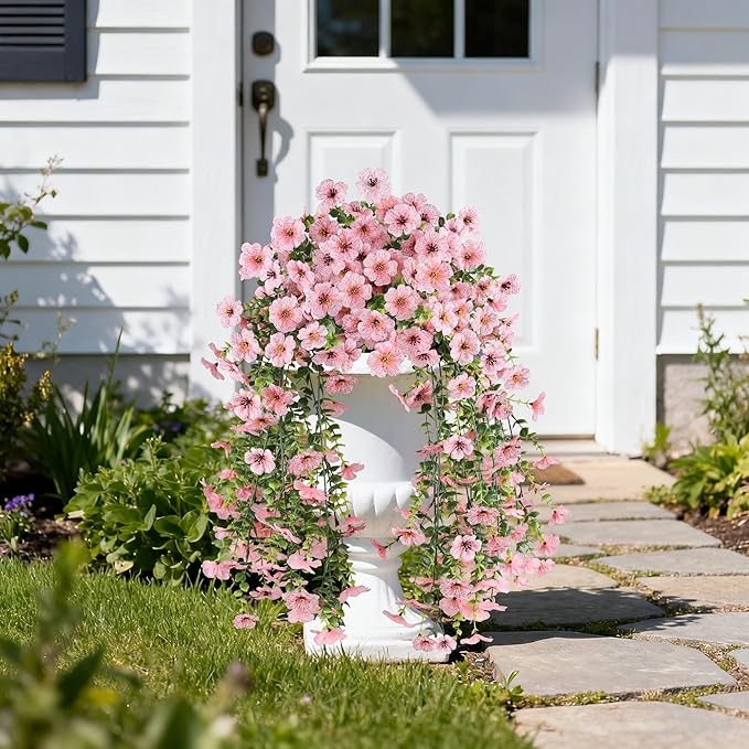 AmberFun Artificial Hanging Flowers for Outdoors, UV Resistant 2PCS Fake Silk Flowers for Outside, Realistic Faux Plants for Hanging Baskets, Planters - Porch, Patio, Yard Décor (Pink)