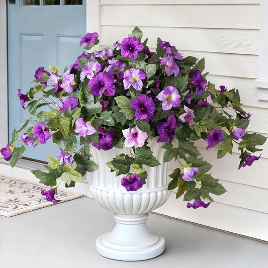 VGNQA 2PCS Artificial Petunia Flowers for Outdoors, Fake Flowers for Outdoor Planters UV Resistant Faux Silk Petunias for Garden Porch Yard Balcony Patio Realistic Home Kitchen Decor(Double Purple)