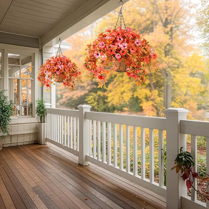 ZFProcess Artificial Flowers Hanging Basket Plants, Fake Petunias Fall Flower for Outdoor Decoration,Realistc Faux Silk Flower UV Resistant for Porch Patio Yard Garden Home Balcony (Double Orange)