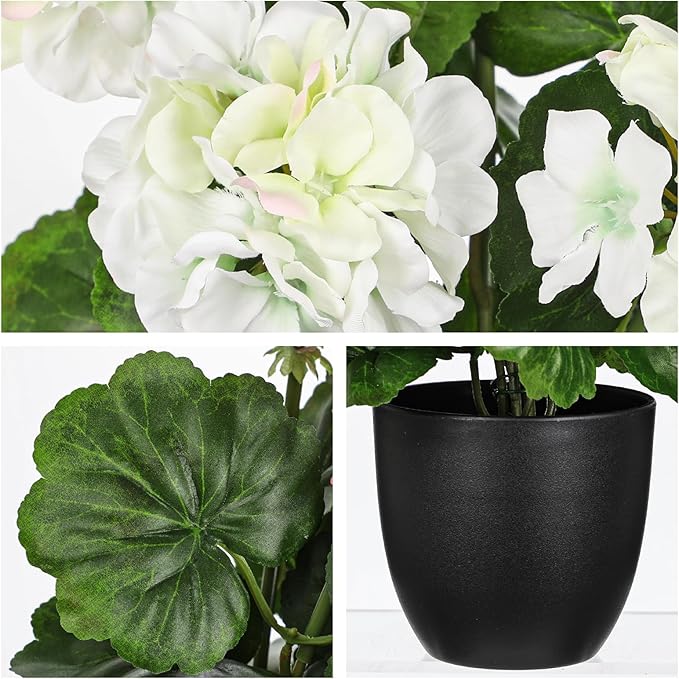 Briful 17” Geraniums Artificial Flowers Realistic Potted Plant – White Fake Geraniums for Outdoors, Silk Flowers Artificial Outdoor Plants for Indoor Home Decor, Farmhouse Table Centerpiece Decoration