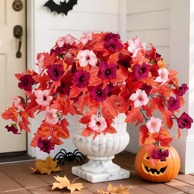 VGNQA 2Pcs Fake Fall Flowers for Outdoor Decoration Artificial Fake Silk Flowers Faux Fall Plants, Uv Resistant Autumn Flower for Garden Porch Balcony Realistic Thanksgiving Decor (Burgundy Pink)