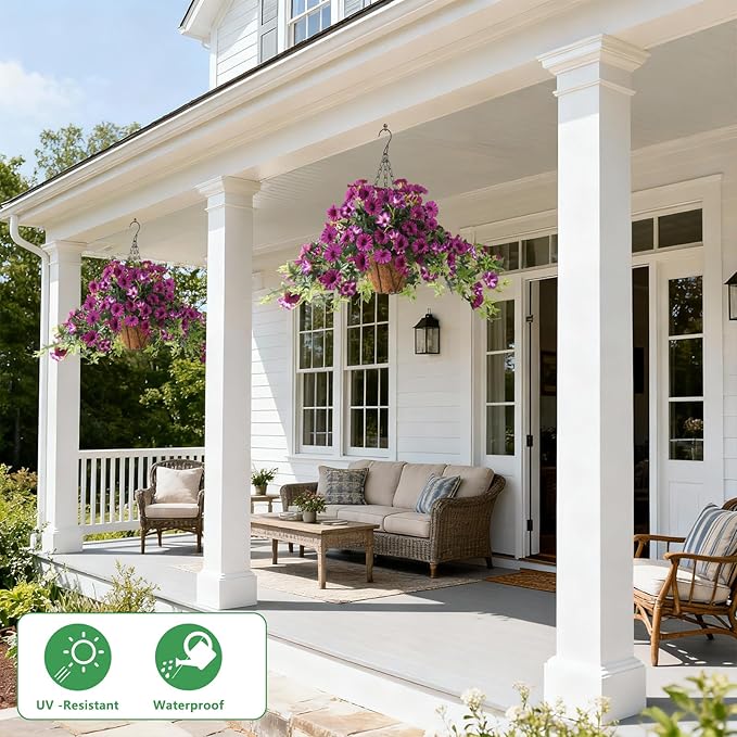 Artificial Fake Flowers Plants for Outdoors Spring Decoration, 2Pcs Faux Petunias with Greenery UV Resistant No Fade, Realistic Silk Flower for Outside Patio Planters Front Porch Window (Fuchsia)