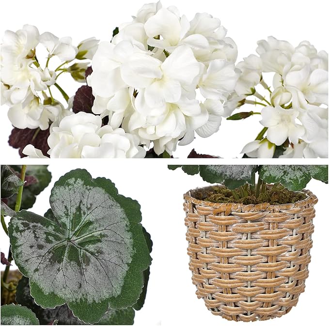 Briful Artificial White Geranium Flowers in Woven Basket, 14.5’’ Tall Silk Flower Arrangement, Realistic Geraniums Artificial Outdoor Plants for Home Indoor Farmhouse Table Wedding Centerpiece Decor