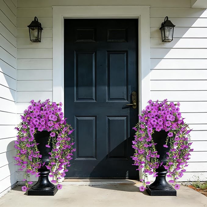 AmberFun 2PCS Artificial Flowers for Outdoors, UV Resistant Fake Silk Flowers for Outside, Realistic Faux Plants for Hanging Baskets, Planters - Porch, Patio, Garden Décor (Purple)