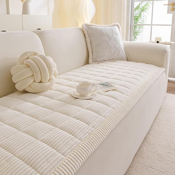 MYSKY HOME Couch Cover for Dogs Washable, Dog Sofa Couch Covers,Washable Non-Slip Couch Sofa Cover Protector Dog Mat for 3 Cushions and Sofas(Cream,27.6" x 82.7")