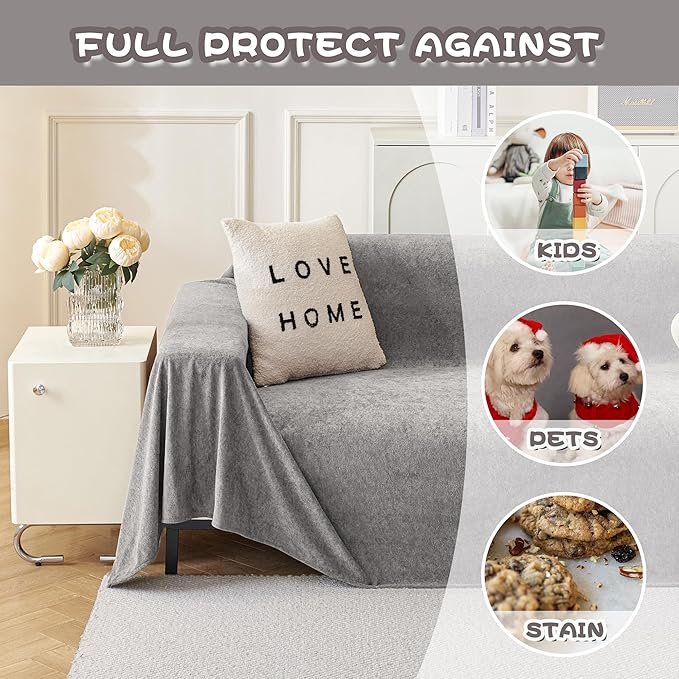 MYSKY HOME Couch Cover Sofa Cover for 3 Cushion Couch, Dog Couch Covers for Sectional Sofa Covers, Non Slip Furniture Protector Sofa Covers Washable Sofa Towel for Pet Cat Dog, 91" x 134", Grey